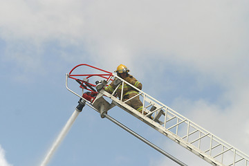 Image showing firefighter on a ladder