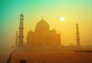 Image showing Taj Mahal at sunrise in fog