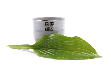 Image showing Pottery cup and green leaf