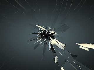 Image showing Broken glass with bullet hole on black