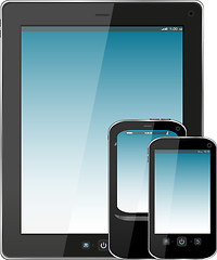 Image showing Set of mobile electronic technics. smart phone and tablet pc with blue screen