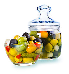 Image showing Assorted olives in a glass , Preserved vegetables composition