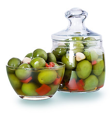 Image showing Olives in a glass , Preserved vegetables composition