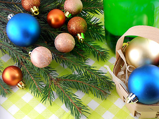 Image showing champagne bottle and christmas baubles, Merry Christmas and Happy New Year