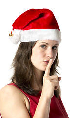 Image showing Santa woman with finger at mouth