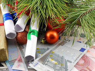 Image showing Decorated christmas tree with money gift, traditional winter holiday