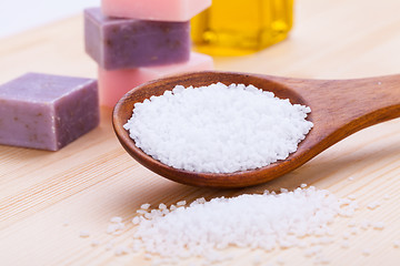 Image showing welnness spa objects soap and bath salt closeup