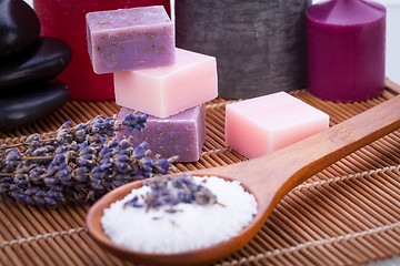 Image showing handmade lavender soap and bath salt wellness spa 