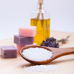 Image showing welnness spa objects soap and bath salt closeup