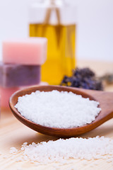 Image showing welnness spa objects soap and bath salt closeup