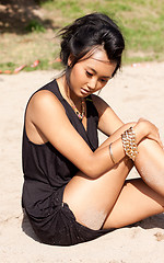 Image showing beautiful asian woman with colorful makeup on the beach 