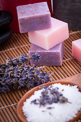 Image showing handmade lavender soap and bath salt wellness spa 