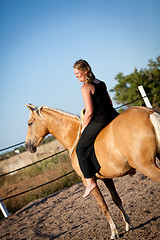 Image showing young woman training horse outside in summer