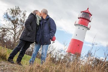 Image showing happy mature couple relaxing baltic sea dunes 