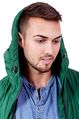 Image showing young adult man with green jacket portrait isolated