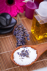 Image showing lavender massage oil and bath salt aroma therapy wellness