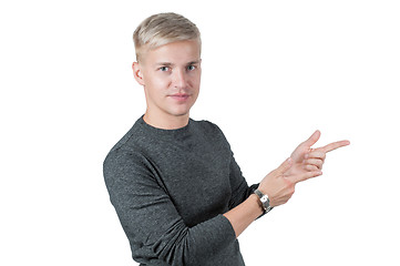 Image showing Man in gray pointing with his fingers