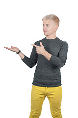 Image showing Man in gray pointing with his fingers