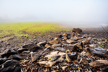 Image showing The cool autumn morning at the pond drained 