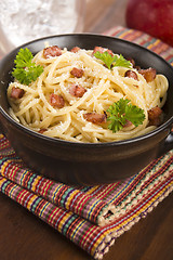 Image showing Pasta Carbonara with bacon and cheese