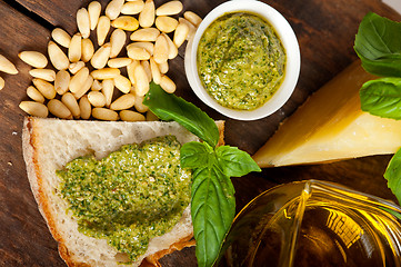 Image showing Italian basil pesto bruschetta ingredients