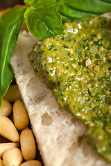 Image showing Italian basil pesto bruschetta ingredients