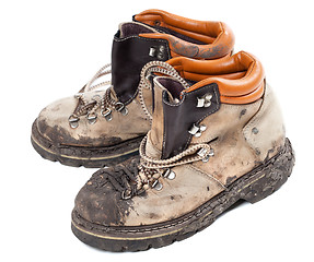 Image showing Old dirty hiking boots