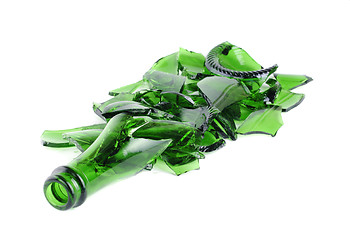 Image showing Shattered green champagne bottle isolated on the white background 