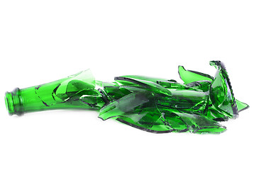 Image showing Shattered green champagne bottle isolated on the white background 