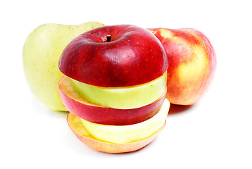 Image showing Green and red sliced  and whole apple on white background 