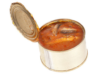 Image showing open full canned fish in tomato sauce on a white background 