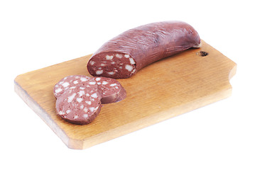 Image showing Sausage sliced isolated on white background  Meat product.