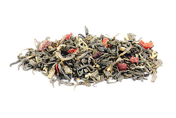 Image showing green tea with  lemon peels flower petals and lime  flavour  isolated on white