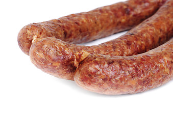 Image showing Sausage isolation on white background .Meat product. 