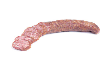 Image showing Sausage isolation on white background .Meat product. 