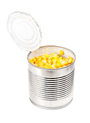 Image showing opening  can with corn  isolated  on  the  white 