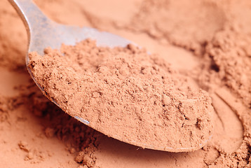 Image showing Cocoa  powder  and  steel  spoon