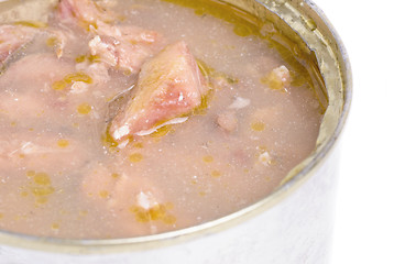 Image showing Open full can of sardines in olive oil on a white 