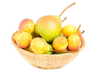 Image showing pears and apricots in fruit basket isolated on white background