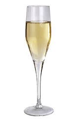 Image showing Studio photography of a champagne glass half filled, isolated on white 