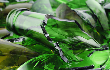 Image showing Waste glass.Recicled.Shattered green wine bottle 