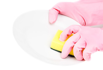 Image showing hands in glove with latex  holding sponge add bowl isolated on white 