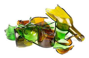 Image showing Waste glass.Recycled.Shattered green and brown bottle 