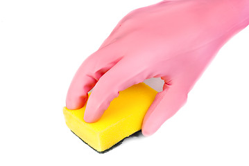 Image showing hands in glove with latex  holding sponge add bowl isolated on white 