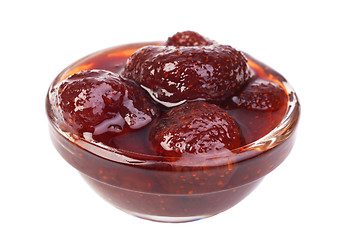 Image showing strawberry jam glass isolated on a white background 
