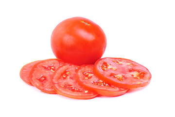 Image showing whole and sliced fresh red tomatoes isolated on white background 