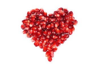 Image showing pomegranate seeds as heart shaped  isolated  on  white