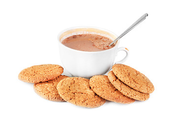 Image showing Cocoa in a cup and oatmeal cookies isolated on a white