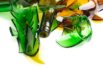 Image showing Waste glass.Recycled.Shattered green and brown bottle 