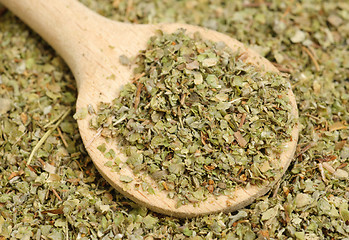 Image showing Dried marjoram spice and wood spoon as food background 